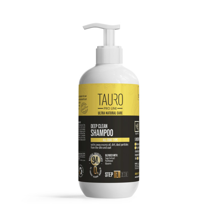 TAURO PRO LINE Ultra Natural Care sügavpuhastav šampoon koerte ja kasside nahale ja karvkattele 