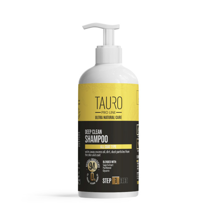 TAURO PRO LINE Ultra Natural Care sügavpuhastav šampoon koerte ja kasside nahale ja karvkattele 