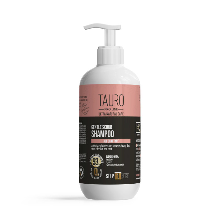 TAURO PRO LINE Ultra Natural Care õrnalt kooriv šampoon koerte ja kasside nahale ja karvkattele 