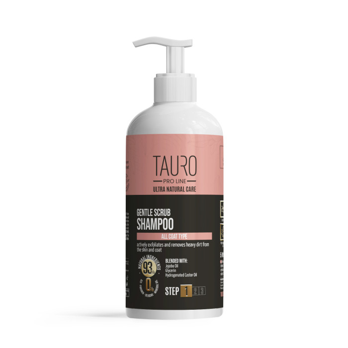 TAURO PRO LINE Ultra Natural Care õrnalt kooriv šampoon koerte ja kasside nahale ja karvkattele 