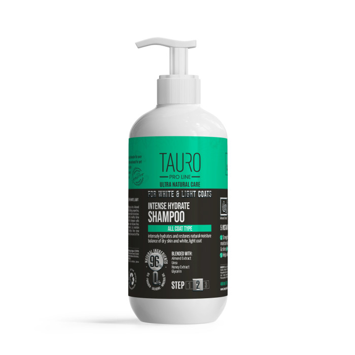 TAURO PRO LINE Ultra Natural Care intensiivselt niisutav šampoon õhukese valge karvaga koertele ja kassidele 