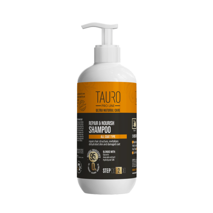 TAURO PRO LINE Ultra Natural Care karvkatet ja nahka taastav ja toitev šampoon koertele ja kassidele 