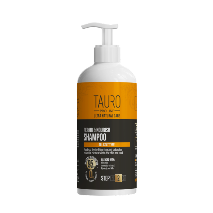 TAURO PRO LINE Ultra Natural Care karvkatet ja nahka taastav ja toitev šampoon koertele ja kassidele 