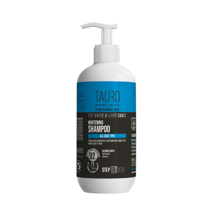 TAURO PRO LINE Ultra Natural Care  valgendav šampoon valge ja heleda karvaga koertele ja kassidele 