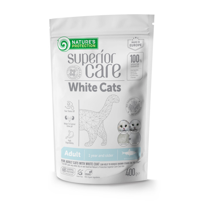 NATURE'S PROTECTION SUPERIOR CARE White Cats Grain Free Herring Adult All Breeds, беззерновой сухой корм с сельдью для кошек всех пород с белым окрасом шерсти 