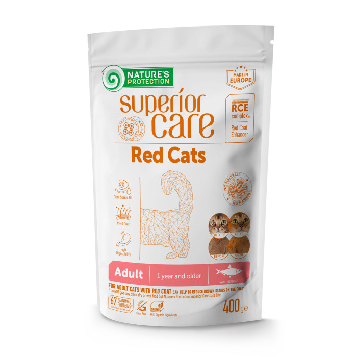 NATURE'S PROTECTION SUPERIOR CARE Red Cats Grain Free Herring Adult All Breeds, teraviljavaba kuivtoit heeringaga punase karvastikuga kõigile täiskasvanud kassidele 