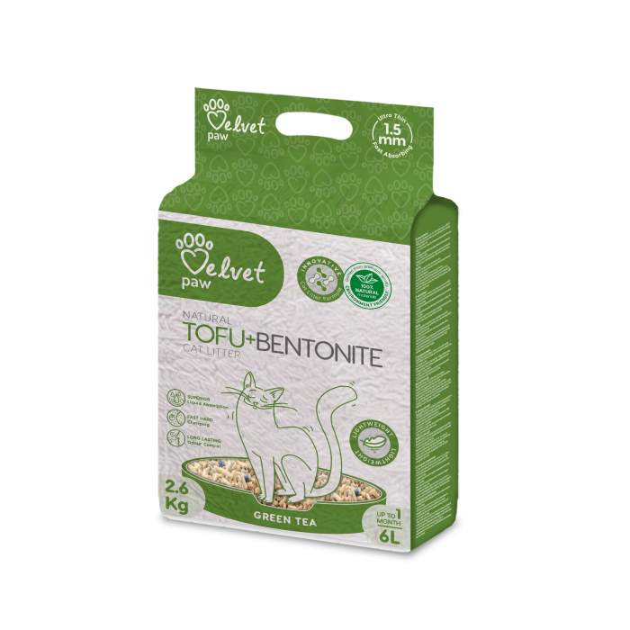 VELVET PAW TOFU наполнитель для кошачьего лотка, смешанный с бентонитом и экстрактом зеленого чая 