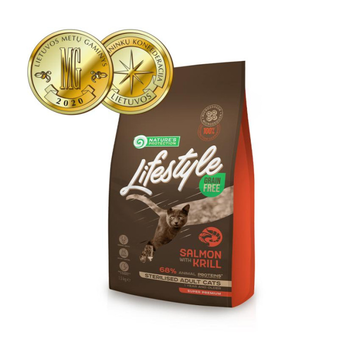 NATURE'S PROTECTION LIFESTYLE сухой беззерновой корм для взрослых стерилизованных кошек, с лососем и крилем 