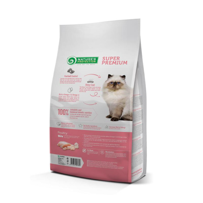 NATURE'S PROTECTION сухой корм для взрослых длинношертных кошек, с мясом домашней птицы 