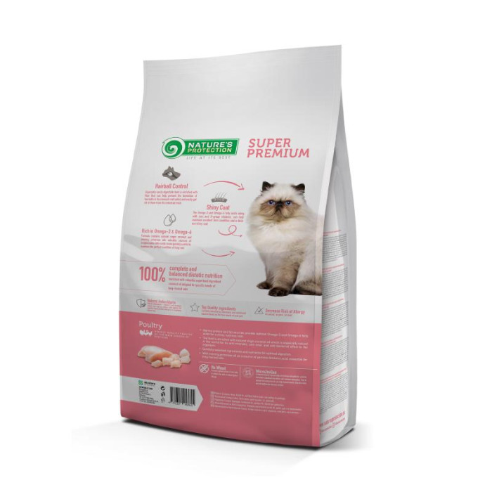 NATURE'S PROTECTION сухой корм для взрослых длинношертных кошек, с мясом домашней птицы 