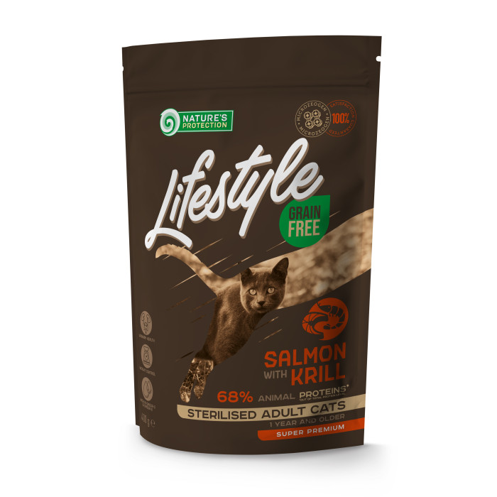 NATURE'S PROTECTION LIFESTYLE teraviljavaba kuivtoit täiskasvanud steriliseeritud kassidele, lõhe ja krilliga 