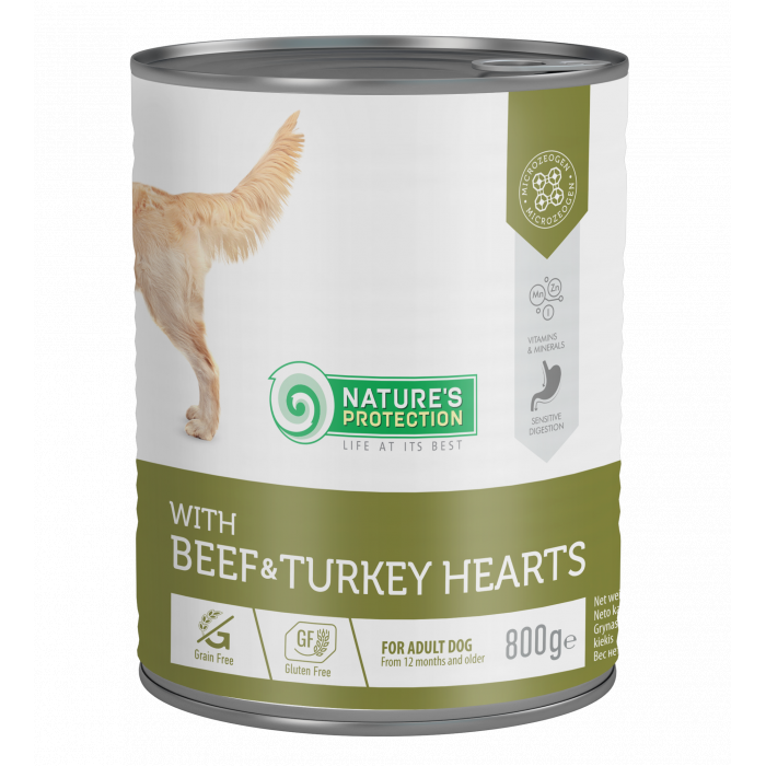 NATURE'S PROTECTION консервированный корм для взрослых собак, с говядиной и индюшачьми сердцами 