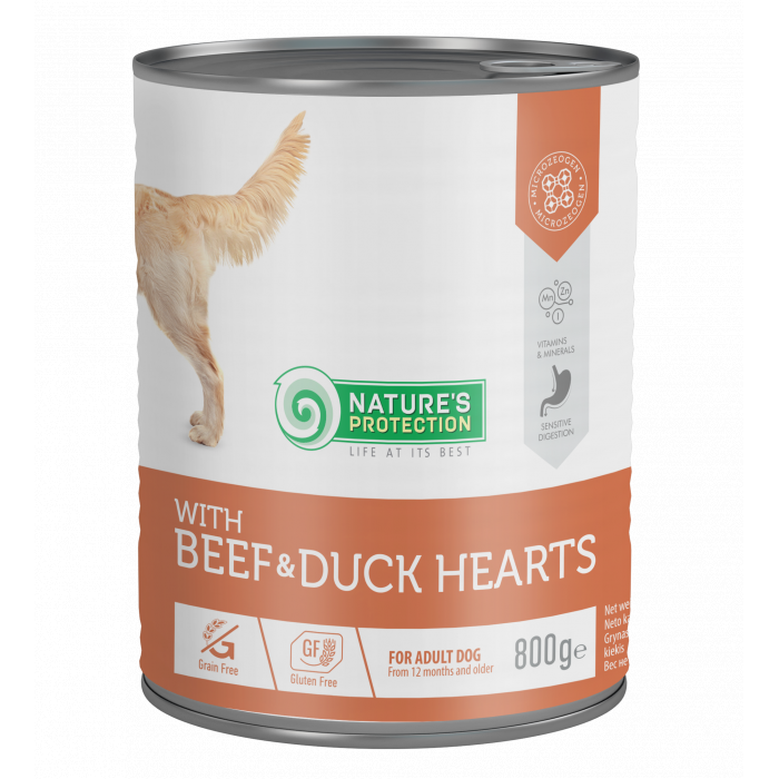NATURE'S PROTECTION консервированный корм для взрослых собак, с говядиной и утиными сердечками 