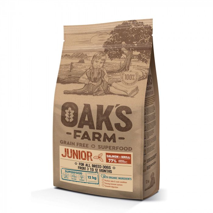 OAK'S FARM сухой беззерновой корм для щенков всех пород, с лососем и крилем 