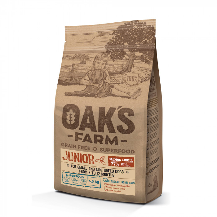 OAK'S FARM teraviljavaba kuivtoit väikest ja väga väikest tõugu noortele koertele, lõhe ja krilliga 