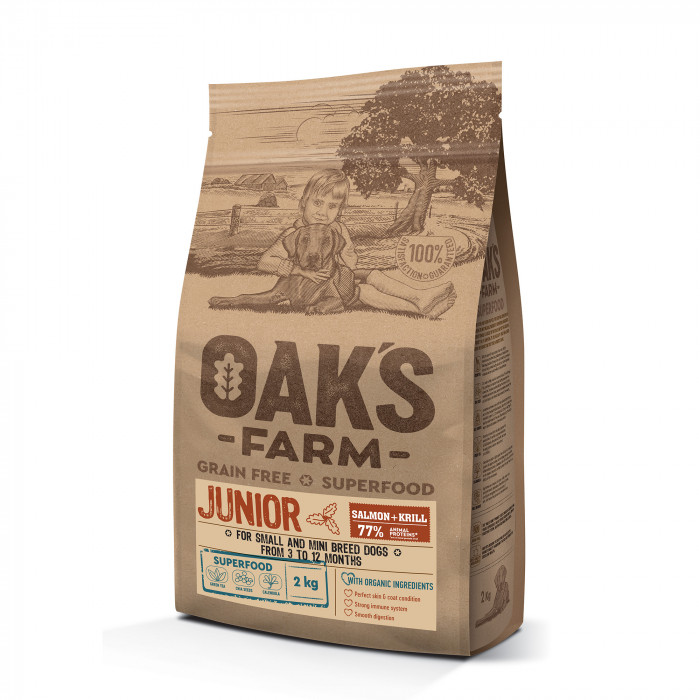OAK'S FARM сухой беззерновой корм для щенков малых и миниатюрных пород, с лососем и крилем 