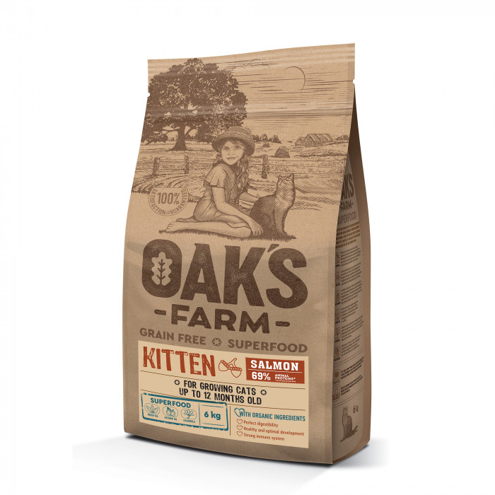 OAK'S FARM teraviljavaba kuivtoit kassipoegadele, lõhega 