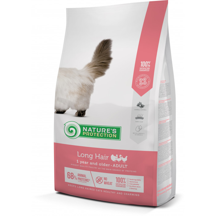 NATURE'S PROTECTION сухой корм для взрослых длинношертных кошек, с мясом домашней птицы 