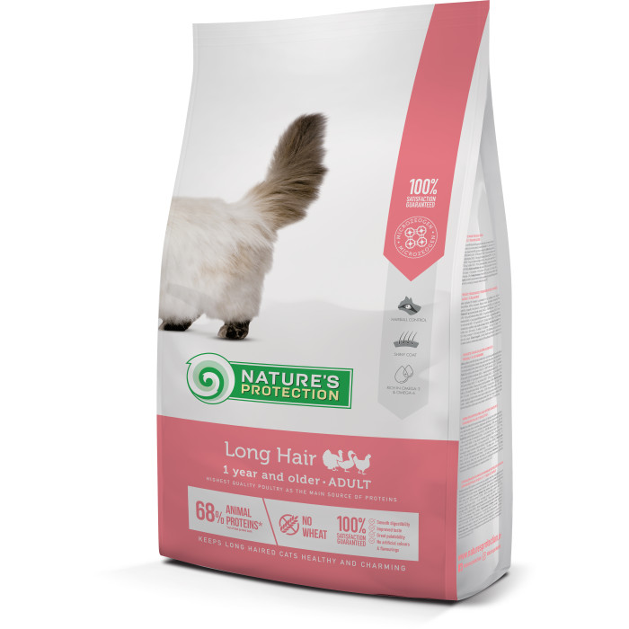 NATURE'S PROTECTION сухой корм для взрослых длинношертных кошек, с мясом домашней птицы 
