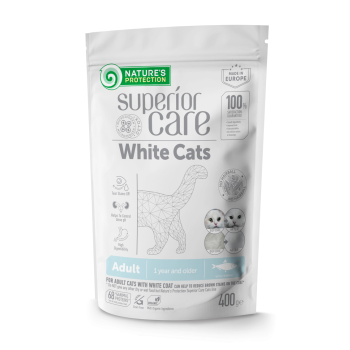 NATURE'S PROTECTION SUPERIOR CARE беззерновой сухой корм с сельдью для кошек всех пород с белым окрасом шерсти 