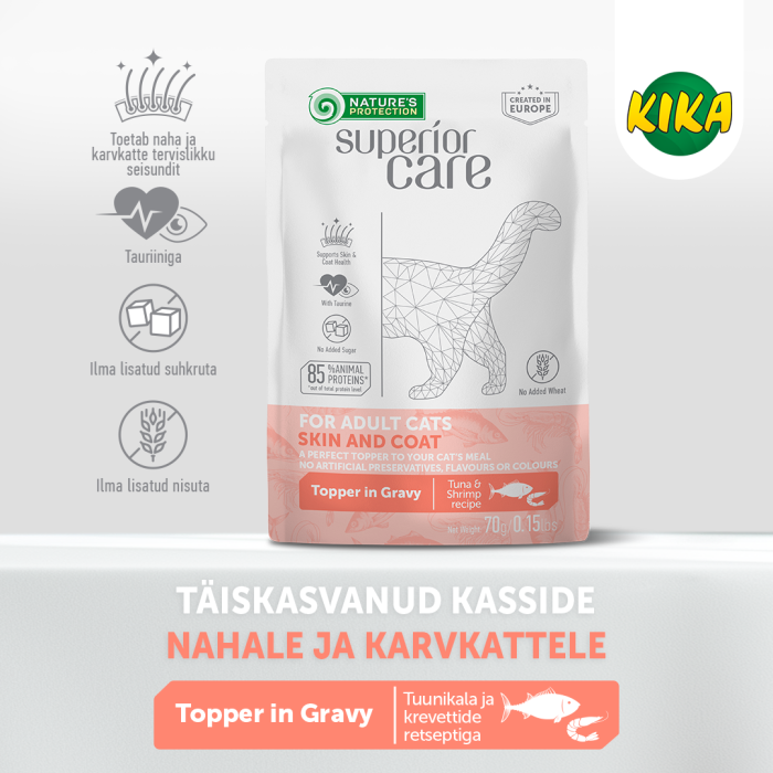 NATURE'S PROTECTION SUPERIOR CARE tuunikala ja krevettidega konservsööt-söödalisand igat tõugu täiskasvanud kassidele naha ja karva turgutuse 