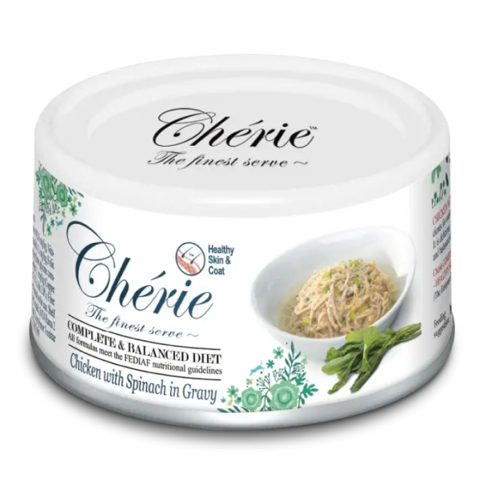 CHERIE консервированный корм для кошек для поддержания здоровья шерсти, с тунцом и шпинатом в соусе 