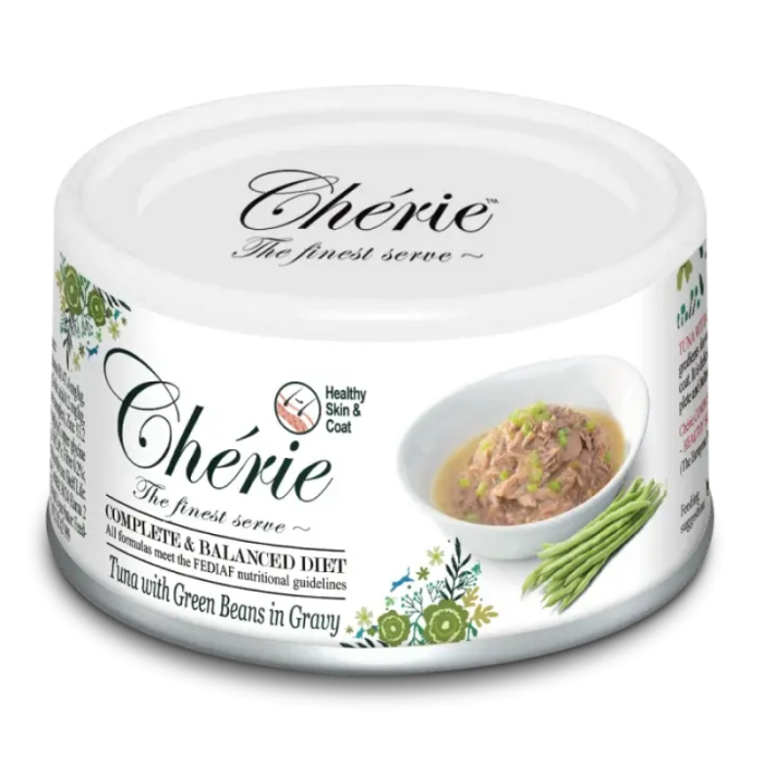 CHERIE консервированный корм для кошек для поддержания здоровья шерсти, с курицей, шпинатом и стручковой фасолью в соусе 