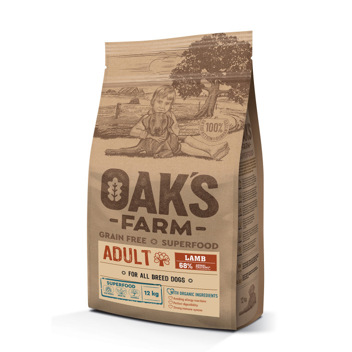 OAK'S FARM сухой беззерновой корм для взрослых собак всех пород, с бараниной  