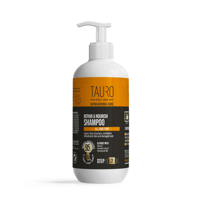 TAURO PRO LINE Ultra Natural Care karvkatet ja nahka taastav ja toitev šampoon koertele ja kassidele 
