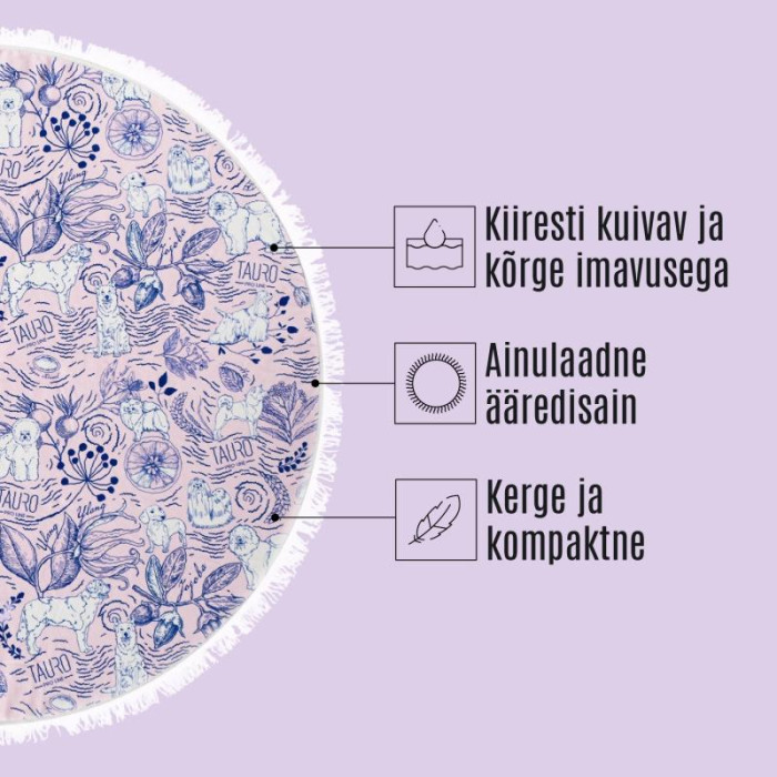 TAURO PRO LINE ümmargune mikrokiust käterätik, unikaalne disain, roosa siniste detailide ja narmastega 