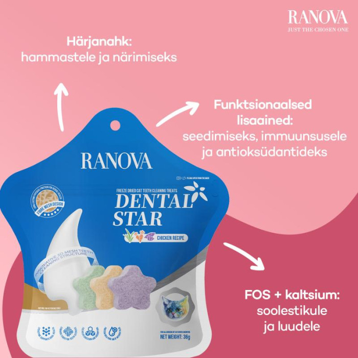 RANOVA Dental Star Täiendsööt-maius kassidele, külmkuivatatud kanaliha 