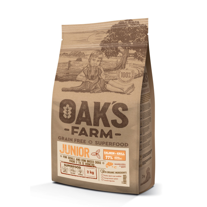 OAK'S FARM сухой беззерновой корм для щенков малых и миниатюрных пород, с лососем и крилем 