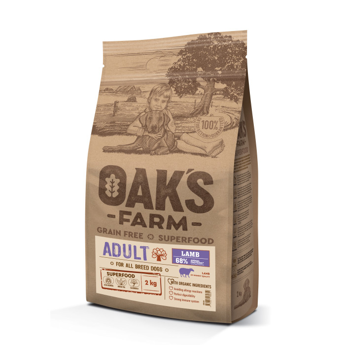 OAK'S FARM teraviljavaba kuivtoit kõigile täiskasvanud koeratõugudele, lambalihaga 