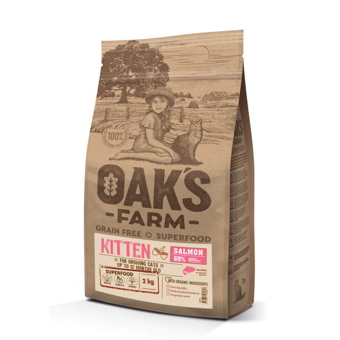 OAK'S FARM сухой беззерновой корм для котят, с лососем 