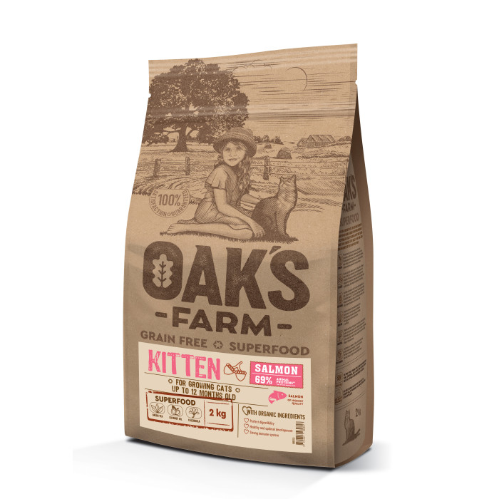 OAK'S FARM teraviljavaba kuivtoit kassipoegadele, lõhega 