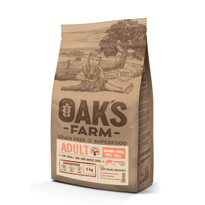 OAK'S FARM сухой беззерновой корм для взрослых собак маленьких и миниатюрных пород, с лососем и крилем 