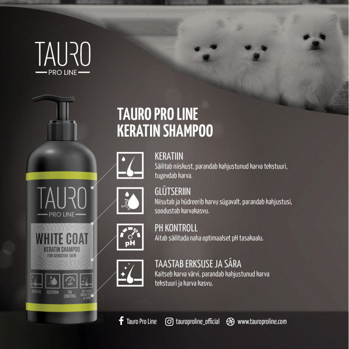 TAURO PRO LINE White coat, keratiiniga šampoon valgekarvalisele koerale ja kassile 