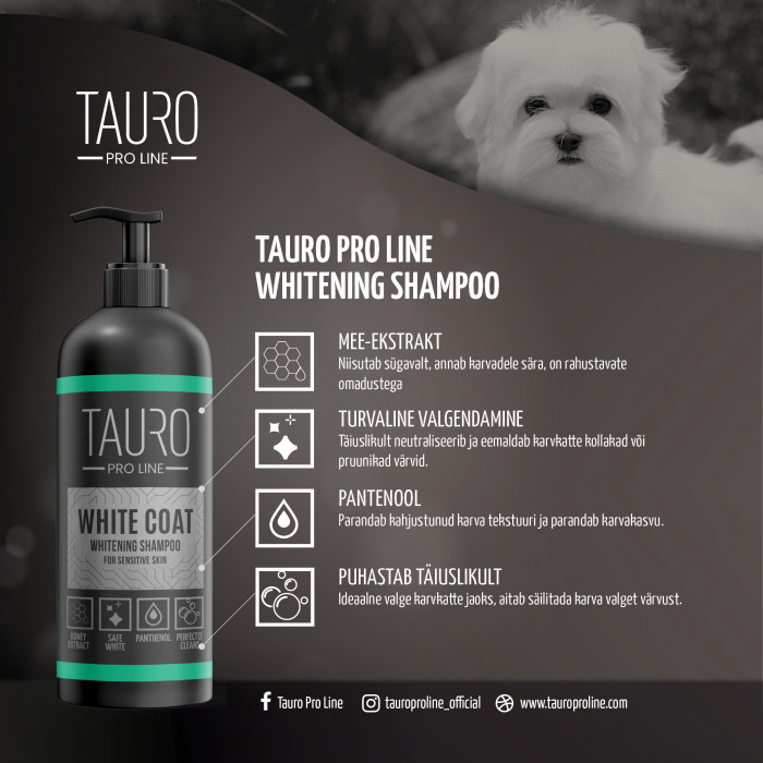 TAURO PRO LINE White Coat, helendav šampoon valgekarvalisele koerale ja kassile 