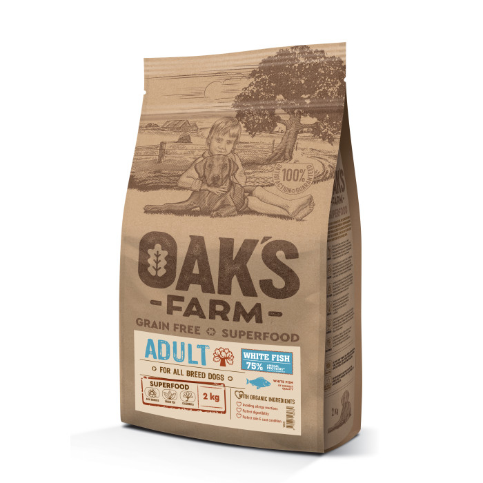 OAK'S FARM teraviljavaba kuivtoit kõigile täiskasvanud koeratõugudele, valge kalaga 