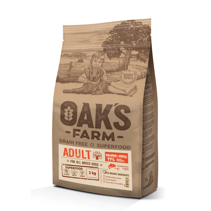 OAK'S FARM teraviljavaba kuivtoit kõigile täiskasvanud koeratõugudele, lõhe ja krilliga 