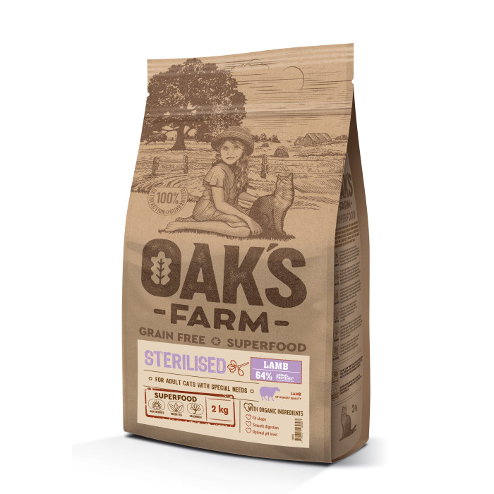 OAK'S FARM teraviljavaba kuivtoit täiskasvanud steriliseeritud kassidele, lambalihaga 