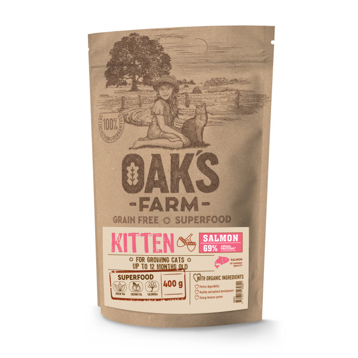 OAK'S FARM сухой беззерновой корм для котят, с лососем 