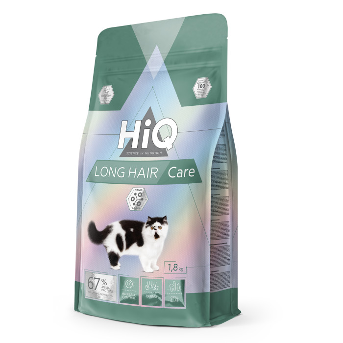 HIQ сухой корм для взрослых длинношертных кошек, с мясом домашней птицы  
