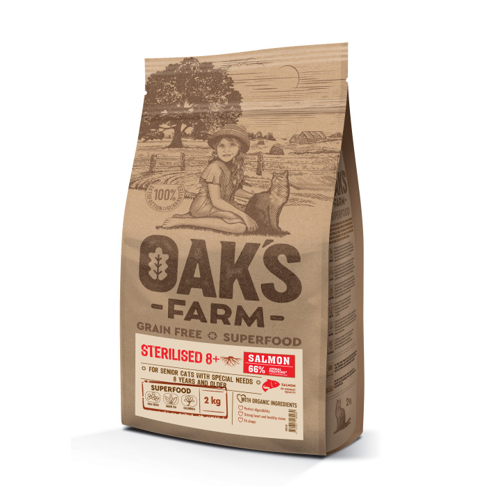 OAK'S FARM сухой беззерновой корм для зрелых стерилизованных кошек, с лососем 