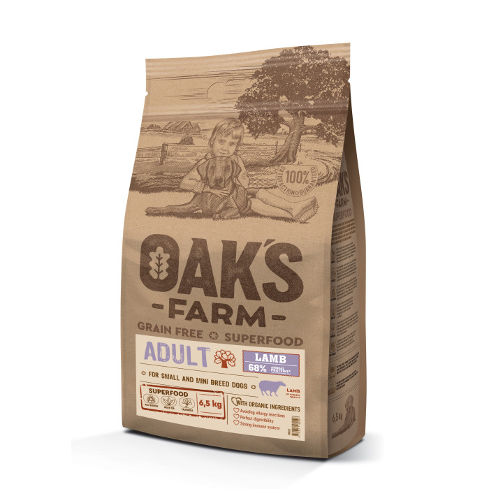 OAK'S FARM teraviljavaba kuivtoit täiskasvanud väikestele ja üliväikestele koeratõugudele, lambalihaga 