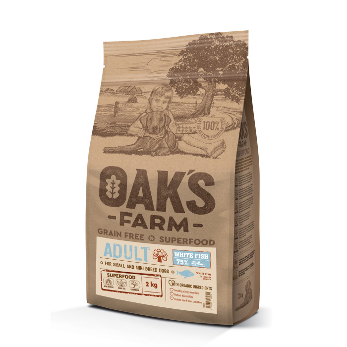 OAK'S FARM teraviljavaba kuivtoit täiskasvanud väikestele ja üliväikestele koeratõugudele, valge kalaga 