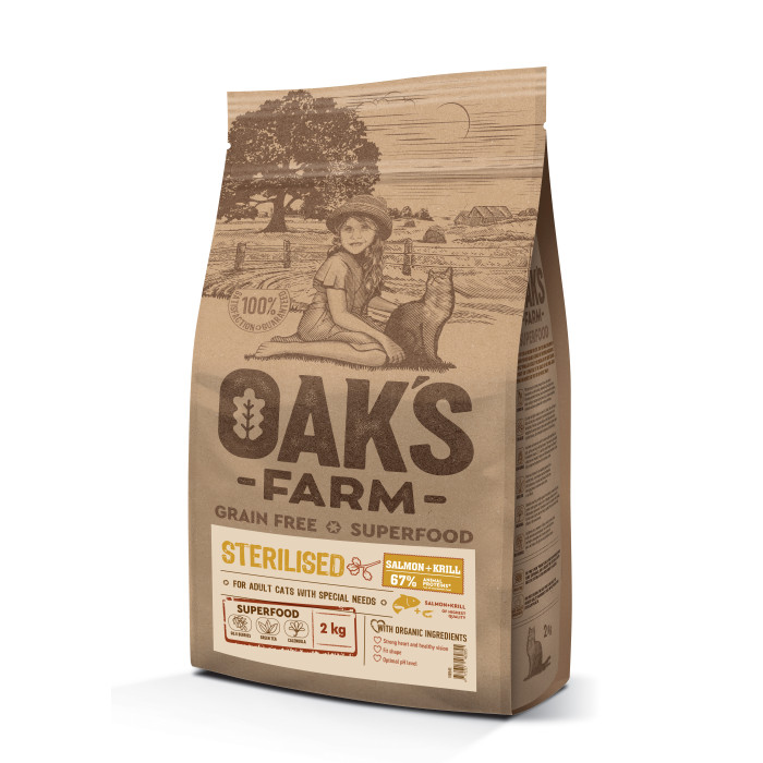 OAK'S FARM сухой беззерновой корм для взрослых стерилизованных кошек, с лососем и крилем 