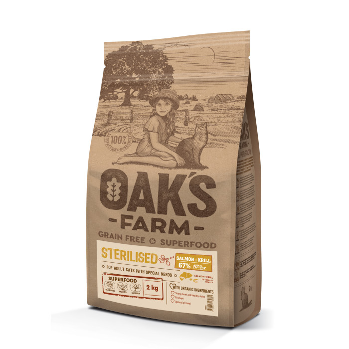 OAK'S FARM teraviljavaba kuivtoit täiskasvanud steriliseeritud kassidele, lõhe ja krilliga 