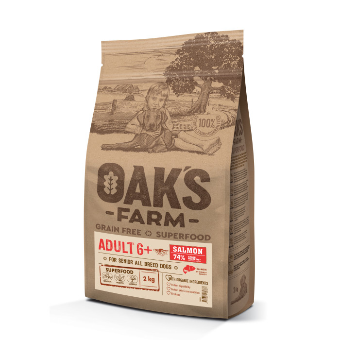 OAK'S FARM teraviljavaba kuivtoit igat tõugu eakatele koertele, lõhega 