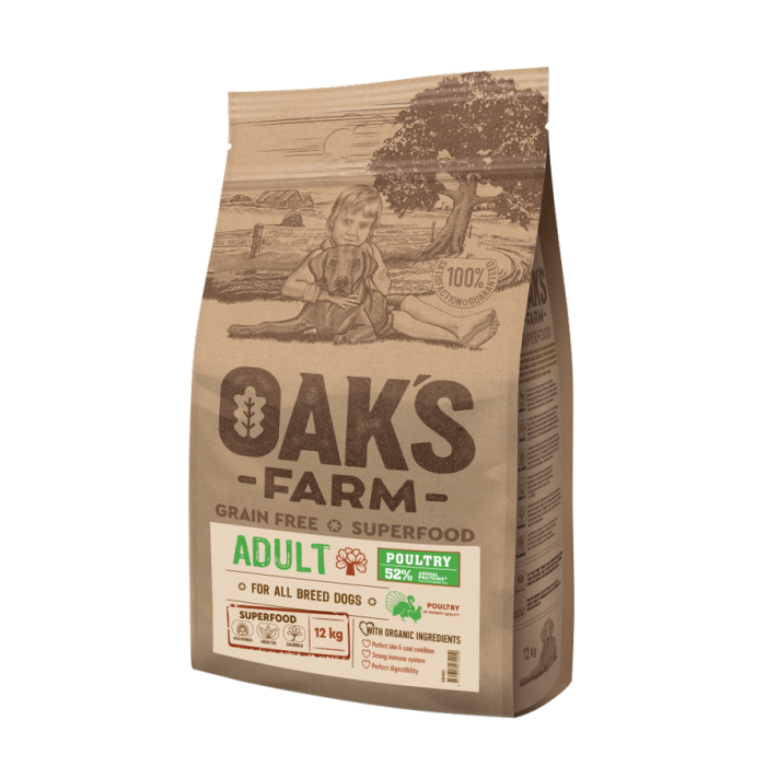 OAK'S FARM teraviljavaba kuivtoit kõigile täiskasvanud koeratõugudele kodulinnulihaga 